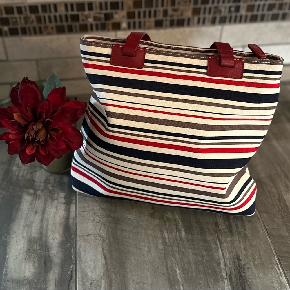 Danier Striped Nautical Canvas Tote Bag with Red Leather Handles